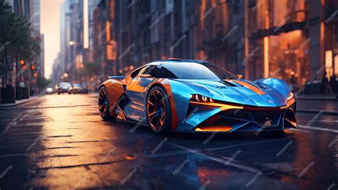 Premium Ai Image Futuristic Blue And Orange Sports Car On City Street