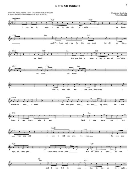 In The Air Tonight Lead Sheet Fake Book Print Sheet Music Now