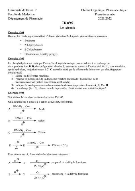 Td 09 2021 2022 Biologie Université De Batna 2 Chimie Organique