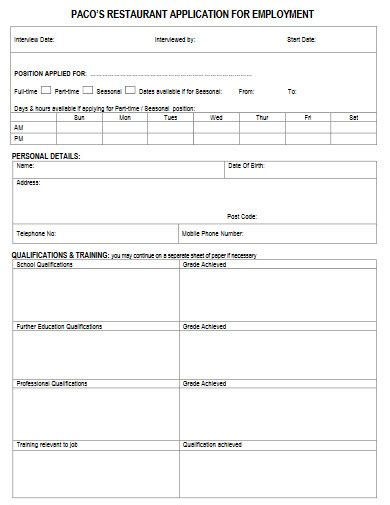 Restaurant Application Form 10 Examples Format How To Prepare Pdf