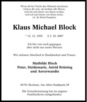 Traueranzeigen Von Klaus Michael Block Trauer In NRW De