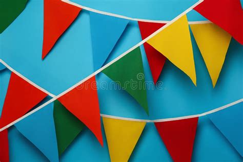 Buntings With Colorful Triangular Flags On Light Blue Background Stock