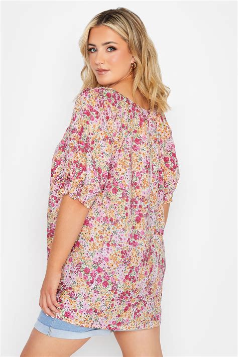 Yours Plus Size Pink Ditsy Print Gypsy Top Yours Clothing