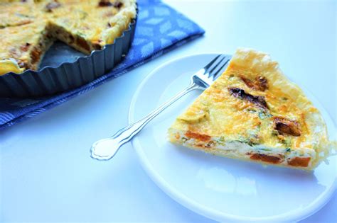 A Slice Of Quiche On A White Plate With A Fork Next To The Pie