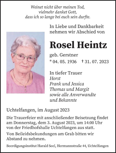 Traueranzeigen Von Rosel Heintz Saarbruecker Zeitung Trauer De