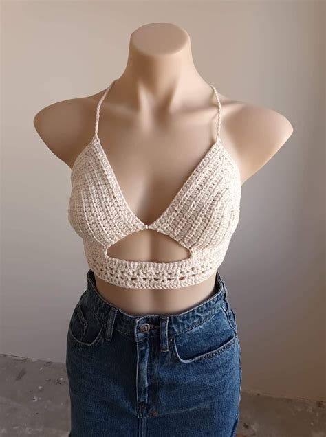 Cream Beige Crochet Peek A Boo Bikini Top 100 Cotton Etsy