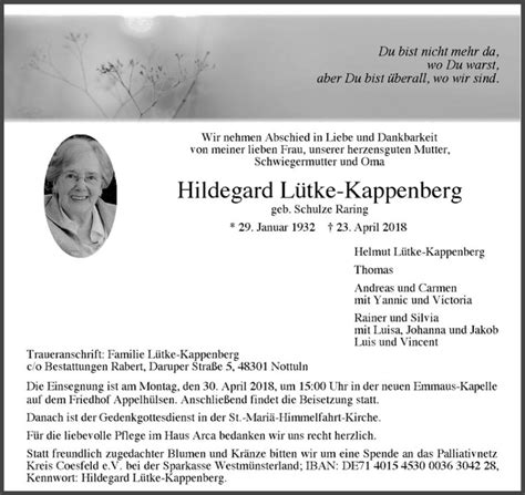 Traueranzeigen von Hildegard Lütke Kappenberg trauer ms