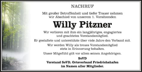 Traueranzeigen Von Willy Pitzner Schwaebische De Trauerportal