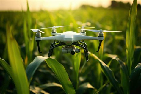 Drone quadcopter with digital camera flying over corn field ...