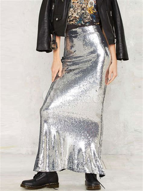 Mermaid Maxi Skirts Elegant Sequins Shaping Silver Long Skirts