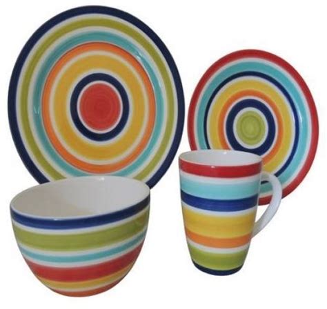 Dinner Plate Set 6 Colorful Ceramic Multi Color Striped 16 Piece