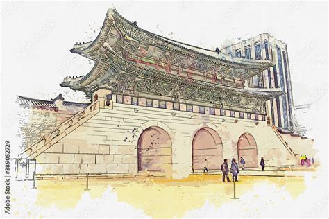 Watercolor Drawing Picture Of Gyeongbokgung Palace Famous Landmark At