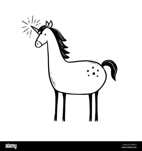 Doodle Cute Unicorn Hand Drawn Sketch Style Simple Black And White