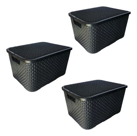 Kit 3 Caixas Organizadoras Rattan Cesto Tampa 15 Litros