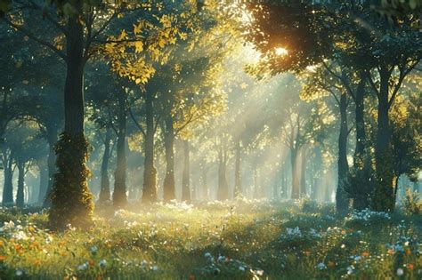 Premium Photo | A peaceful forest scene with sunlight filtering th