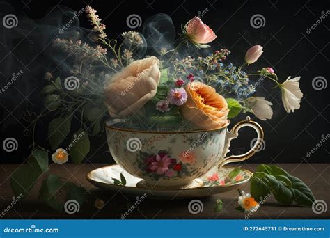 A Vintage Flower Bouquet Arranged in a Teacup, with Steam Rising from the Hot Tea. Stock ...