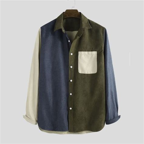 Mens Corduroy Patchwork Hit Color Chest Pocket Long Sleeve Casual