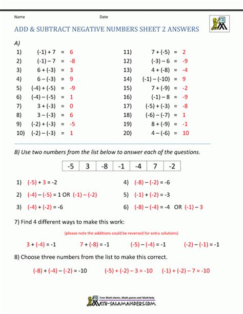 Adding And Subtracting Negative Numbers Worksheet Pdf