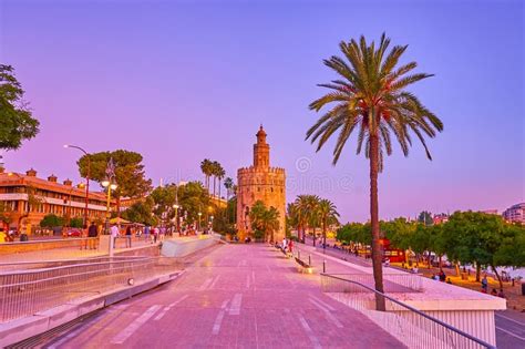 Blue Hour On Guadalquivir River S Embankment Seville Spain Editorial