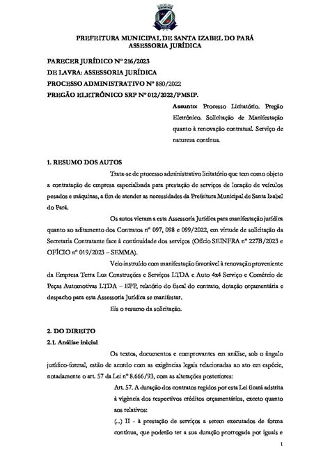 PARECER JURÍDICO Nº 216 2023 1º T A ASS Prefeitura Municipal de Santa