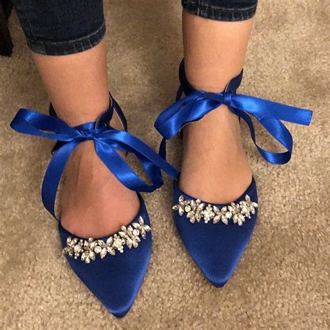 Royal Blue Satin Pointy Toe Flats With Floral Rhinestones And Etsy