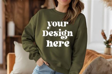 Gildan 18000 MilitaryGreen Mockup Graphic By MockupStore Creative Fabrica