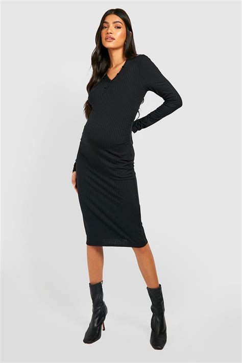 Maternity Rib Button Neck Midi Dress Boohoo