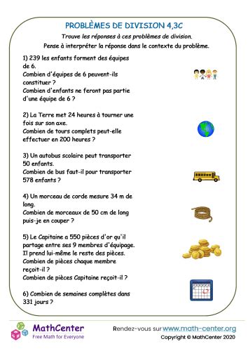 Problèmes de division fiche 4 3c Fiches de travail Math Center