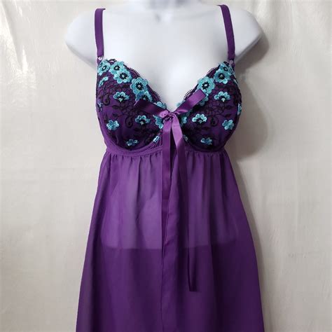 Cacique Baby Doll Lingerie 18 20 Plus Gown Purple Flo Gem