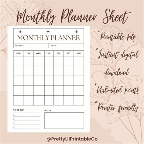 Printable Planner Sheet, Monthly Planner Printable Sheet, Monthly TO DO ...