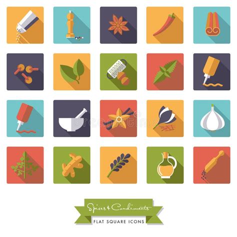 Spices And Condiments Flat Design Square Icon Set Stock Vector