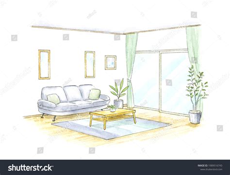 Watercolor Illustration Living Room Perspective Stock Illustration