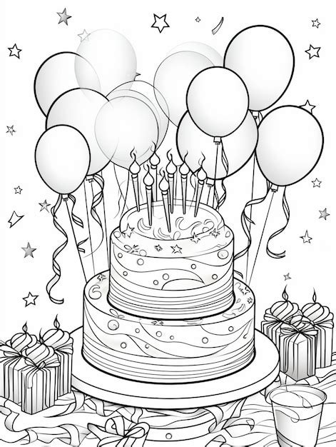 Premium Photo | Coloring pages for birthdays birthday cake with balloons and presents generative ai