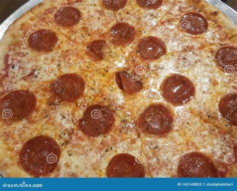 Greasy Cheese And Pepperoni Pizza On Metal Tray Stock Image Image Of