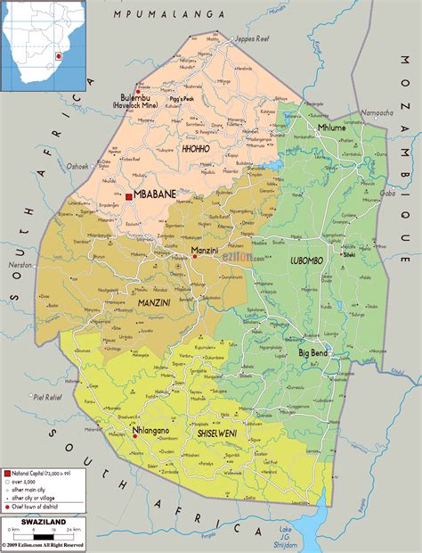 large political  administrative map  swaziland  roads cities