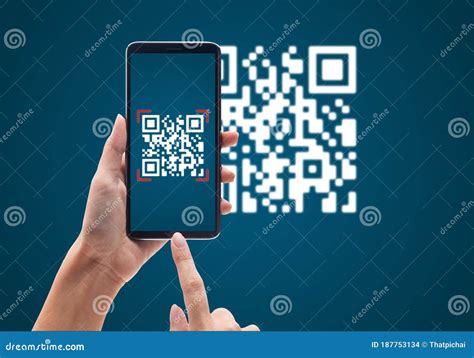 Hand Using Mobile Smart Phone Scan Qr Code On Blue Background Stock