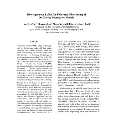 Heterogeneous Lora For Federated Fine Tuning Of On Device Foundation