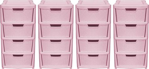 Simpa Large Rattan Effect Pink 4 Drawer Storage Tower Unit Set Of 4