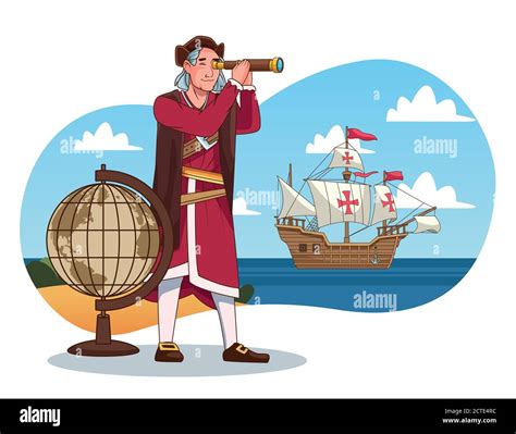 Columbus Day Celebration Scene Of Christopher Using Telescope And