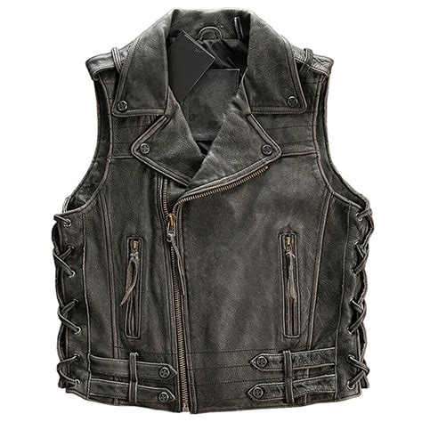 Vintage Black Men Oblique Zipper Biker Leather Vest Genuine