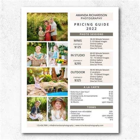 Pricing Guide Template For Photographers Photography Pricing Etsy