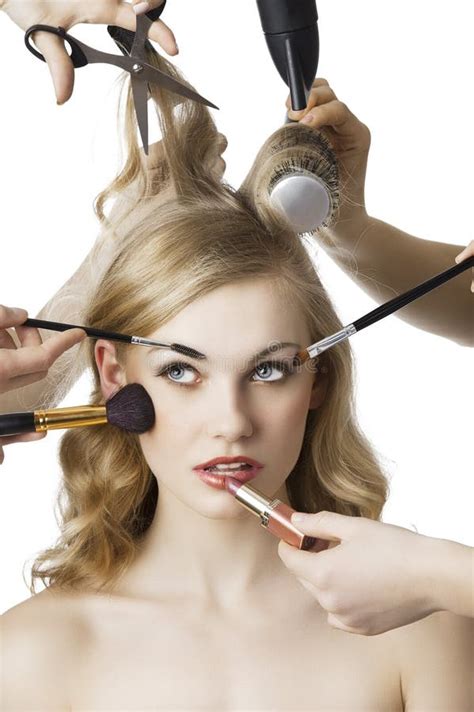 In Beauty Salon The Girl Looks Up At Right Stock Image Image Of