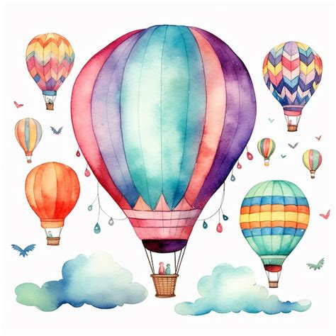 Premium AI Image Vibrant Watercolor Whimsical Hot Air Balloon Clipart
