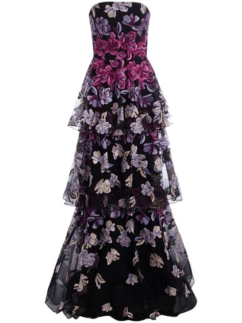 Marchesa Notte Copy Of Embroidery On Tulle Tiered Gown In Black