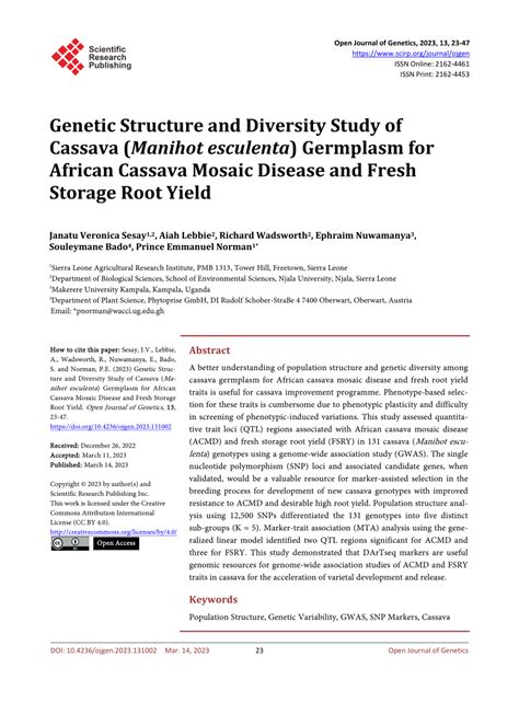 PDF Genetic Structure And Diversity Study Of Cassava Manihot