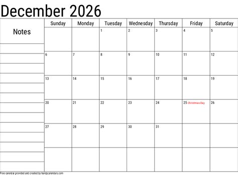 December 2026 Calendar With Notes And Holidays - Handy Calendars