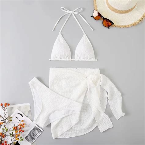 New 3 Pieces Swimsuit Women Thong Swimwear Sexy Micro Bikini Set With Sarong Skirts Cover Ups