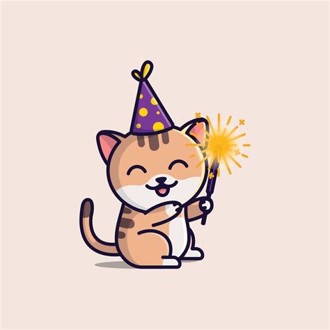 Cute Cartoon Cat With Fireworks In New Year Free Simple Illustration