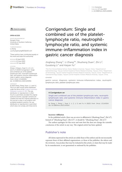 Pdf Corrigendum Single And Combined Use Of The Platelet Lymphocyte