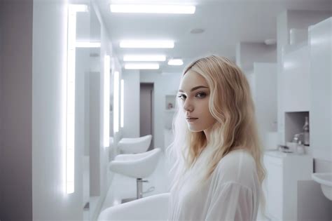 Eine junge blonde frau mit schöner frisur sitzt auf einem stuhl in einem von ki generierten